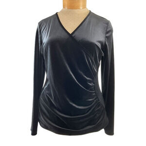 Jon Den Black Velvet Ruched Wrap V Neck Long Sleeve Top Women Size‎ XL Holiday